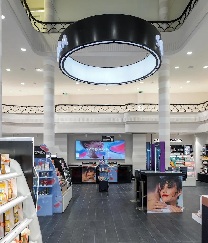Εσωτερικό καταστήματος Sephora στον Βόλο με φωτιζόμενο κυκλικό φωτιστικό οροφής και προθήκες καλλυντικών